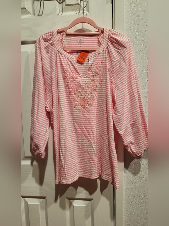 St. John's Bay Tops - St. Johns Bay Striped Pink Embroidered Women's Top